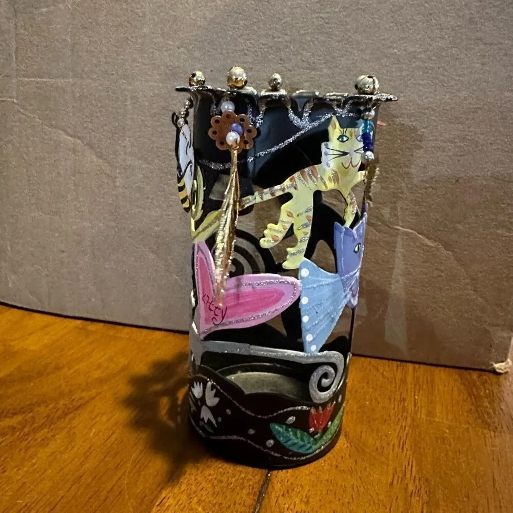 Karen Rossi For Silvestri Fanciful Flights Cat Theme Metal Pen Holder Cup New